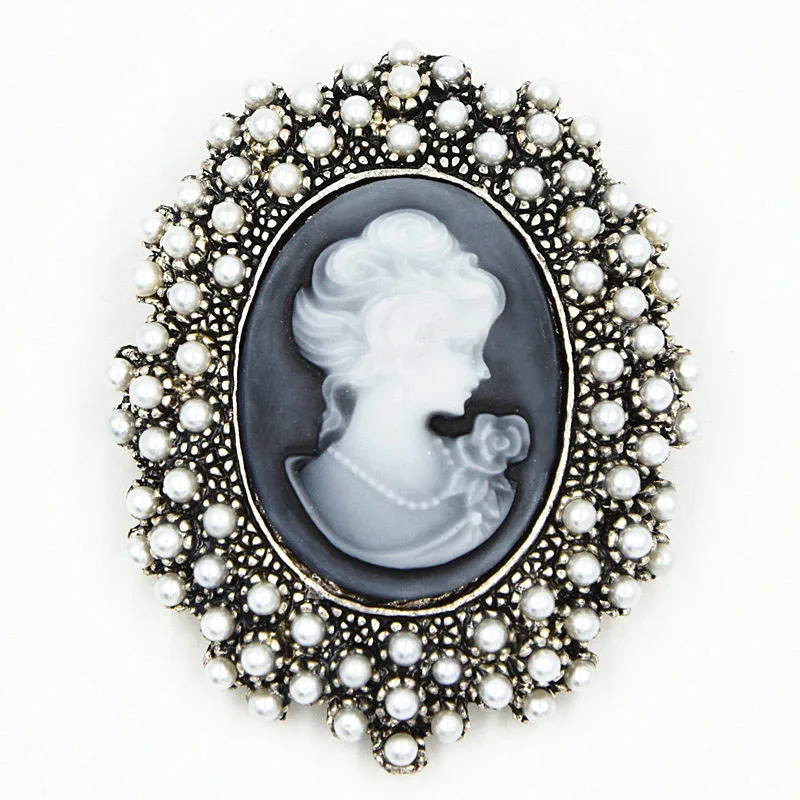 Vintage Stylish Fashion Lady Head Cameo Brooch Pearl Beads Luxury Women