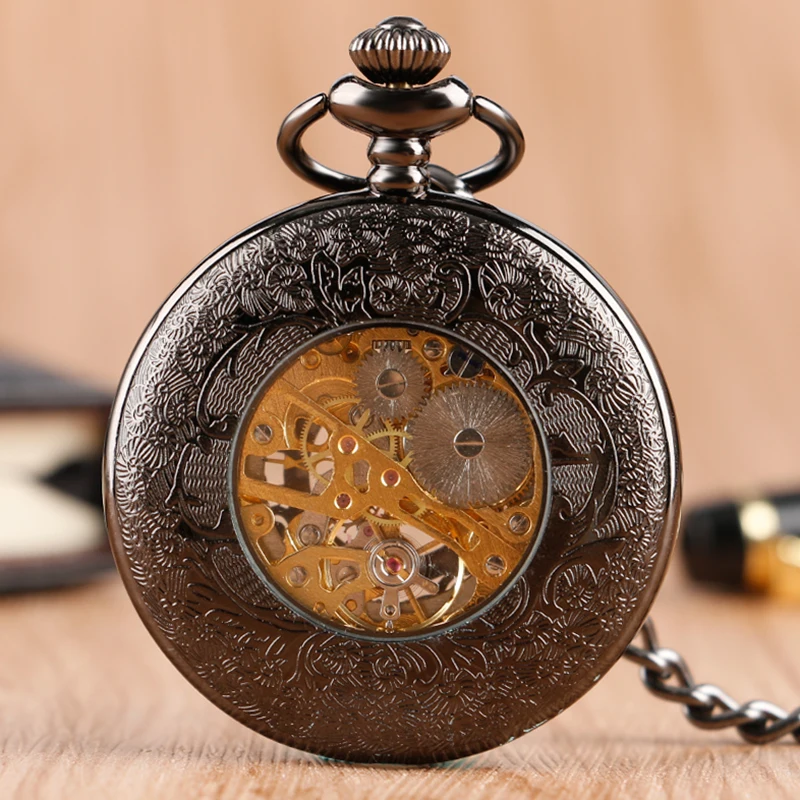 Vintage Luxury Black Metal Mechanical Pocket Watch Smooth Steampunk Hand Winding Clock Set with Gifts Box Bags Leather Pin Chain 2018 (11)