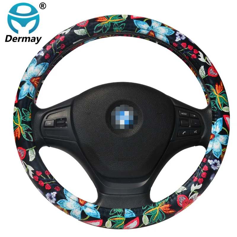 DERMAY PU Leather Cute Car Steering Wheel Cover Flowers Printed Cartoon