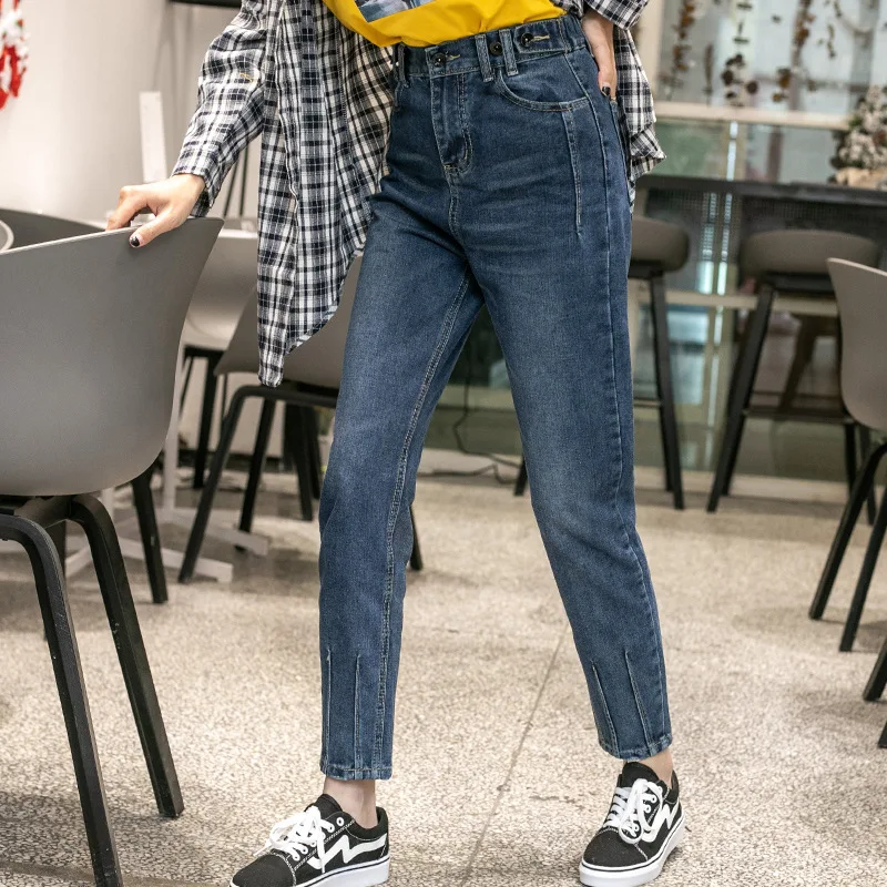 2019 new large size women's fat sister stretch thin nine points jeans blue pants 1861# | Женская одежда