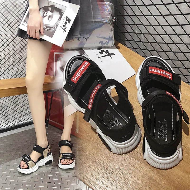 

2019 female summer new sandals fashion solid color Velcro thick-soled muffin with casual sports student shoes