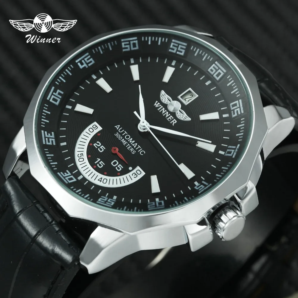 

WINNER Official Classic Dress Watch Men Automatic Mechanical Wristwatch PU Leather Strap Calendar Mens Watches Top Brand Luxury