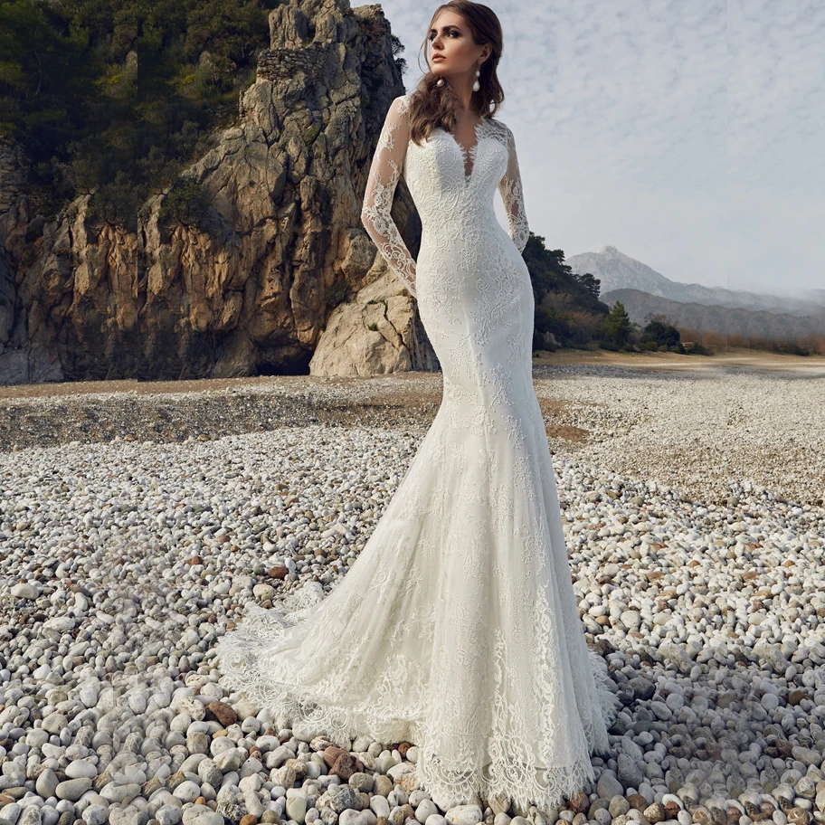 Очаровательное кружевное свадебное платье русалки gelinlik, сексуальное платье невесты с открытой спиной, богемное свадебное платье с длинными рукавами на заказ