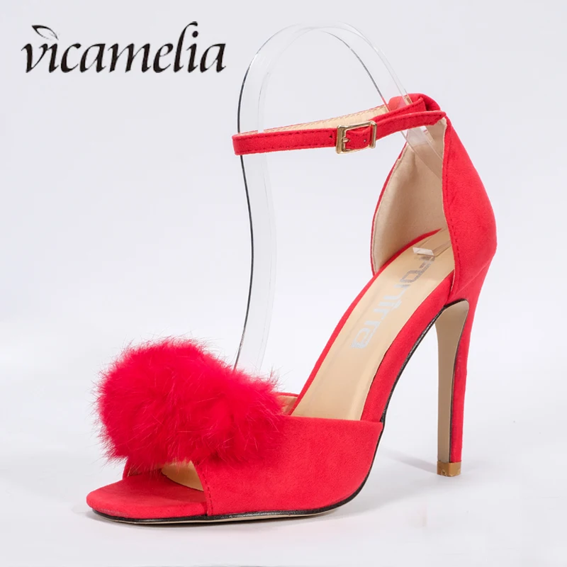 

Ladies High Heel Sexy Sandals Summer Fashion Party Wedding Shoes Rabbit Fur Pompon Buckle Sandals Single Shoes Vicamelia 600
