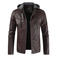 Новая модная трендовая кожаная куртка Байкерская мужская обычная кожаная куртка со стоячим воротником на молнии с передней отделкой кожаное пальто с кепкой