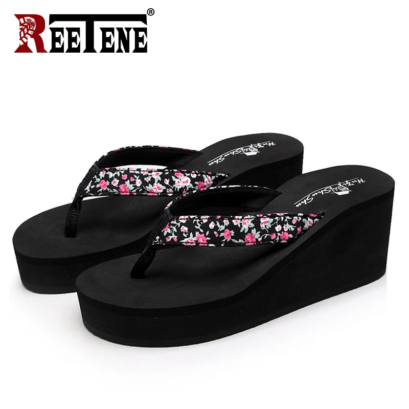 REETENE/Летняя женская обувь; шлепанцы для ванной на платформе; пляжные вьетнамки; женские шлепанцы на высоком каблуке; модная женская обувь - Цвет: Black