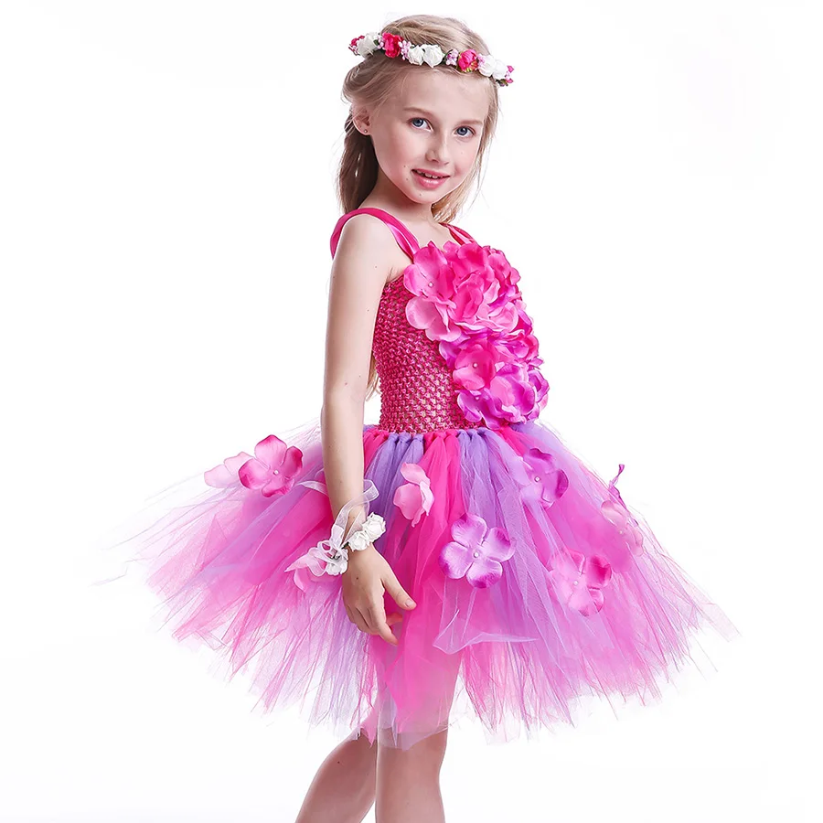 Girls Pink Purple Flowers Tutu Dress Summer Children Crochet Bodice Tulle Clothes (4)