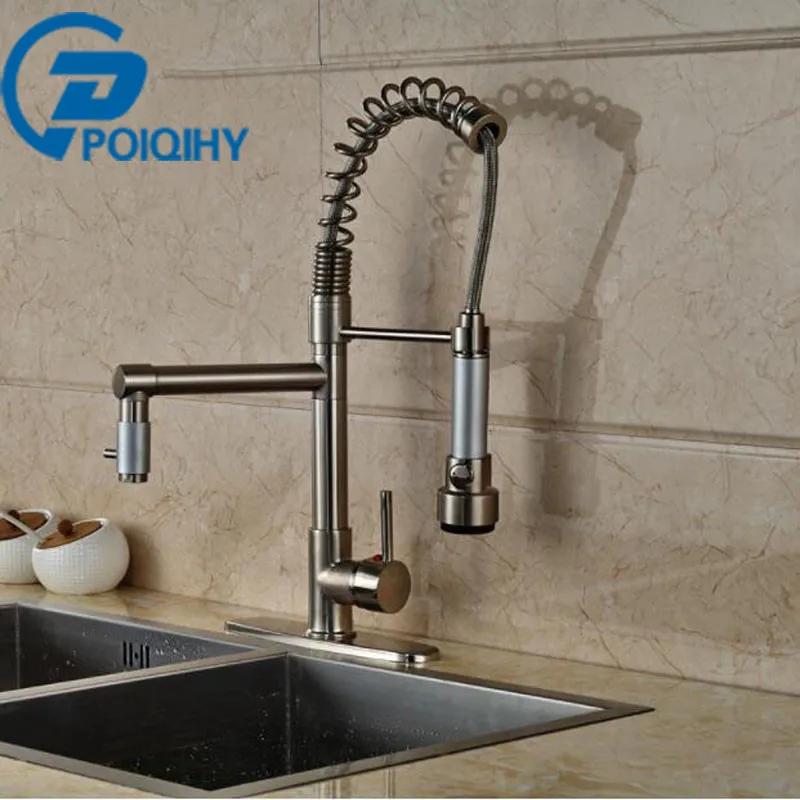 

Single Handle Kitchen Faucet LED Light Deck Mount Brushed Nickel Mixer Taps + 8" Hole Cove Dual Rotation Spout Kitchen Faucet