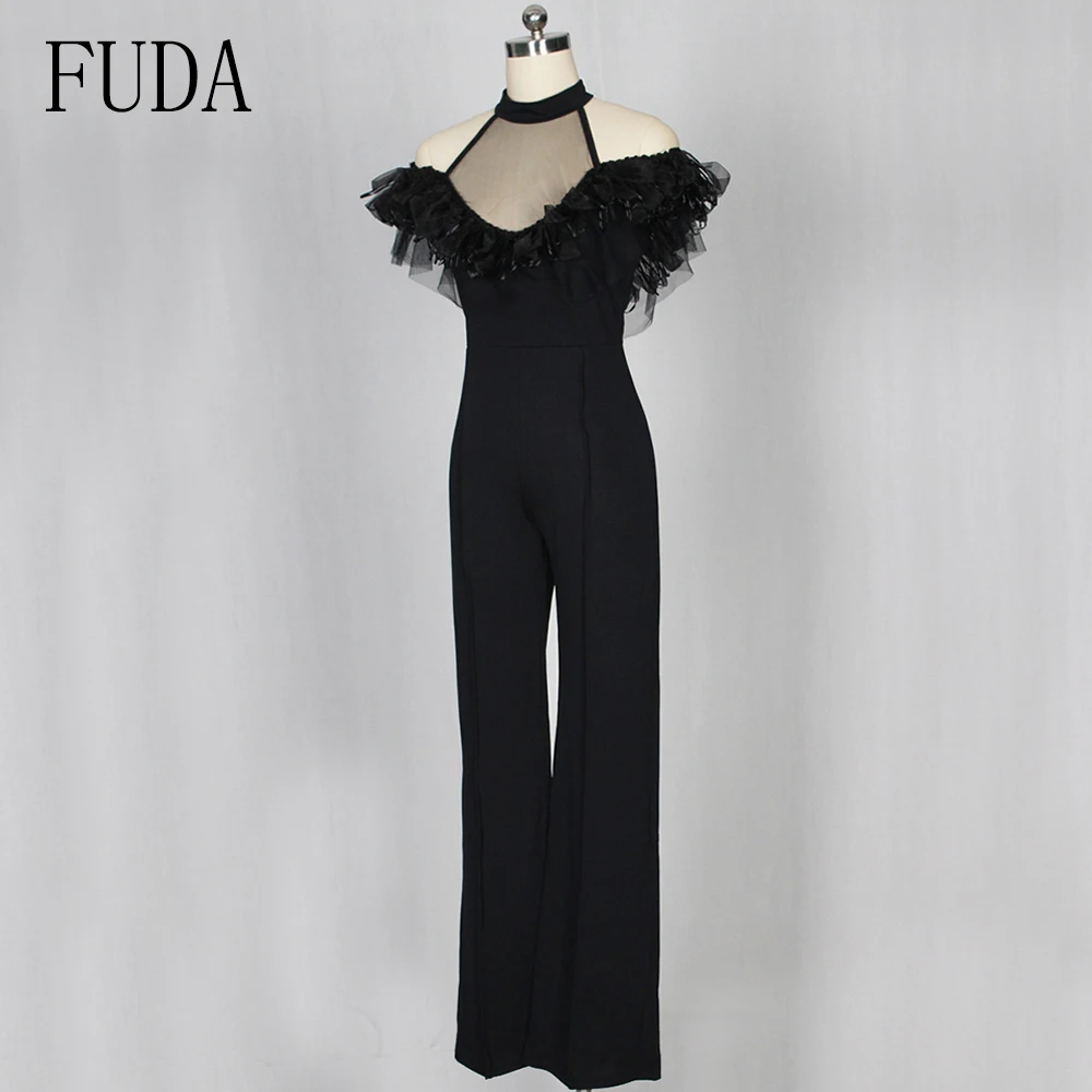 FUDA Off Shoulder Sexy Jumpsuit Elegant Halter Lace Ruffles Overalls Clubwear One Piece Long Wide Leg Rompers Womens Jumpsuit