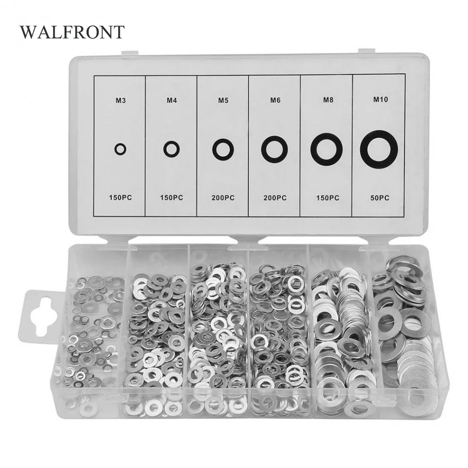 

WALFRONT 900pcs/Box Flat Washers M3-M10 Metal Plain Steel Washer Assortment Kit Insulation Gasket Ring Sealing Repair Tools Set