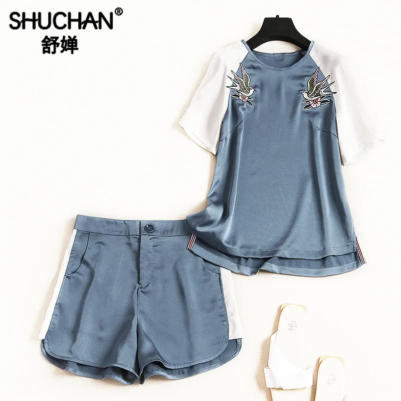 Shuchan женские комплекты из 2 предметов 2019 летний костюм Женский Повседневный Топ с животным вышивкой + Шорты дизайнерский комплект из 2