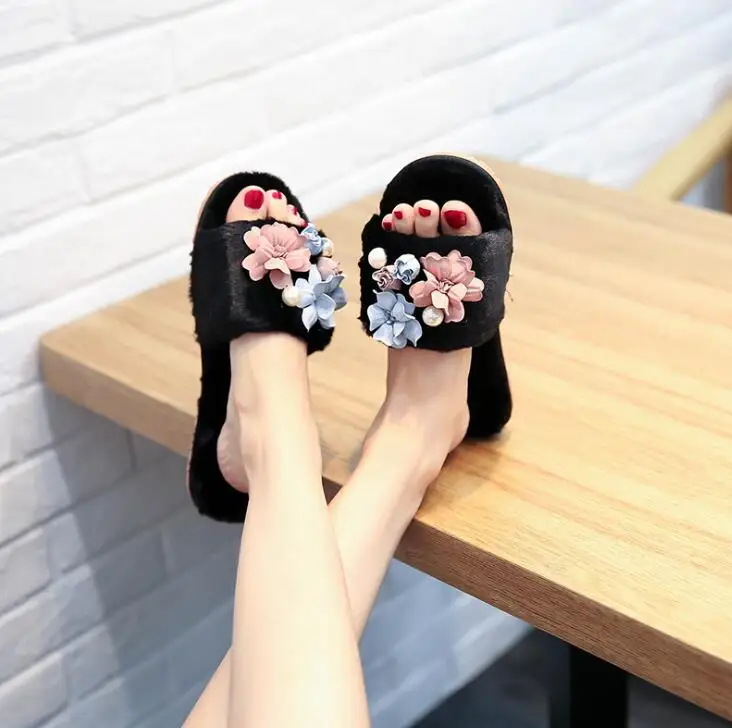 hot sale fur Home Slippers Cotton slippers Winter Woman Slip on Flats Female plush Flops Faux Fur Warm Shoes Bow decor dd065