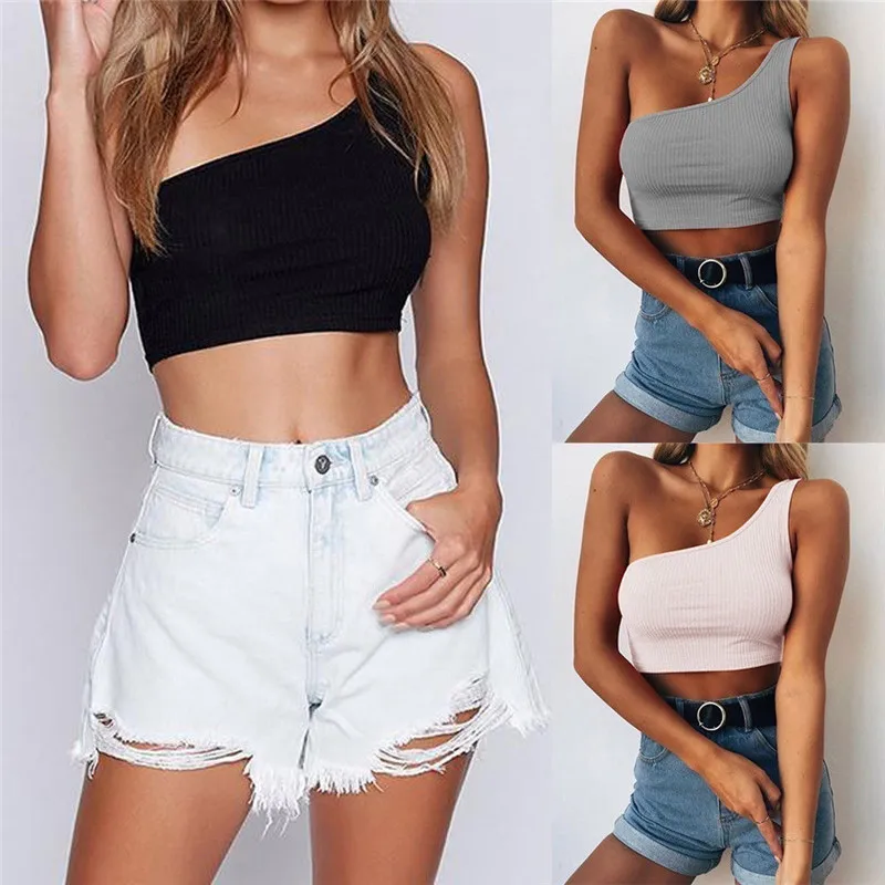 

New Summer Women Ladies Sexy One-shoulder Strap Tube Solid Crop Tops Bra Tank Vests Female Clothing