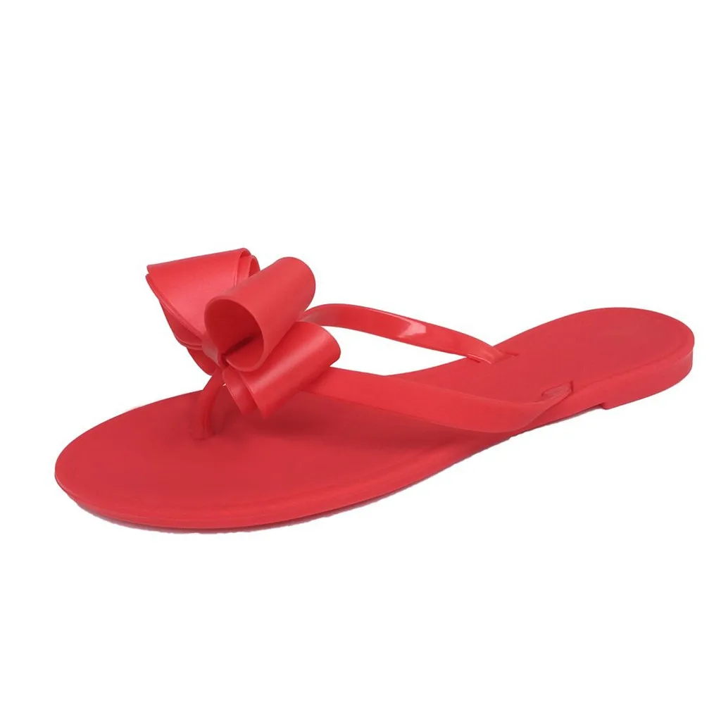 Женские модные однотонные сандалии на плоской подошве; женская обувь на ремешке с бантом-бабочкой; пляжные повседневные удобные шлепанцы - Цвет: Красный