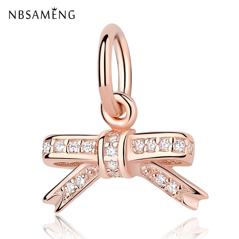 

925 Sterling Silver Rose Gold Color & Clear CZ Sparkling Bow Tie Pendant Charm Fit Pandora Bracelets & Bangles DIY Jewelry