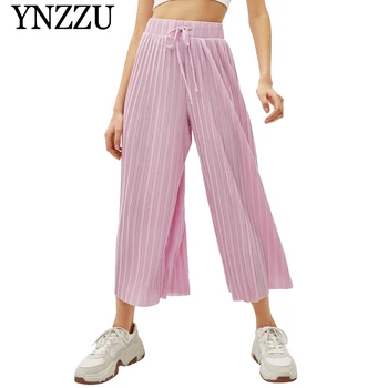

YNZZU 2019 Summer Elastic waist pleated women pants New arrival wide-leg loose causal Trousers Solid above the ankle pants YB349