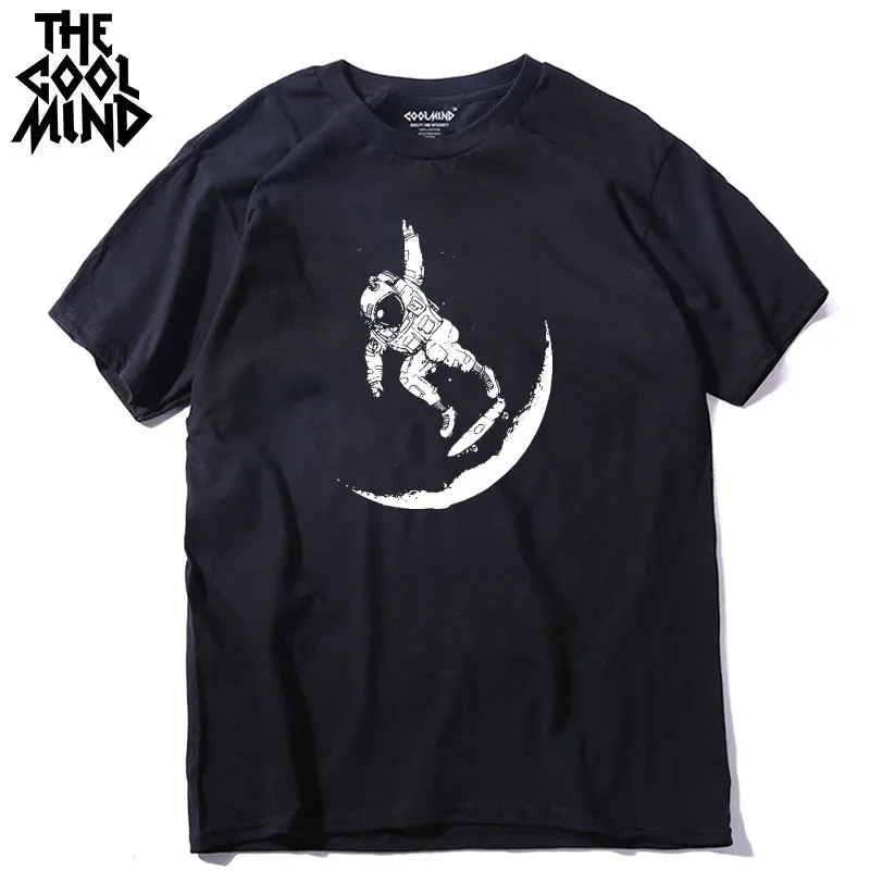

COOLMIND MO0113A 100% cotton play on the moon print o-neck short sleeve designs men T-shirt casual summer loose male t shirt
