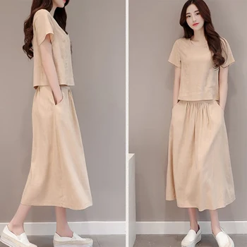 

2 Piece Set Casual Summer Cotton And Linen Set Youth Clothing Lady Suit Loose Top + Skirt Fashion