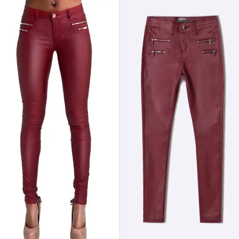 LOGAMI брюки из искусственной кожи женские эластичные кожаные брюки на молнии Leren Broeken - Цвет: wine red