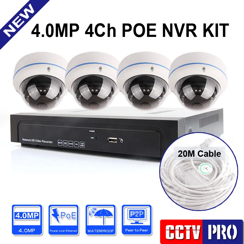 4CH CCTV 4MP NVR System/Kit With 4PCS 4.0MP/3MP Outdoor Waterptoof Night-vision 10M Dome IP Camera With POE Surveillance System