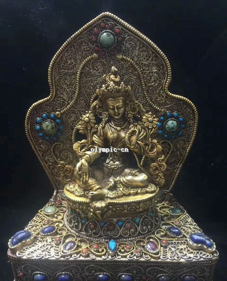 

Tibet Nepal handicraft silver filigree inlay Red Gem turquoise Green Tara statue