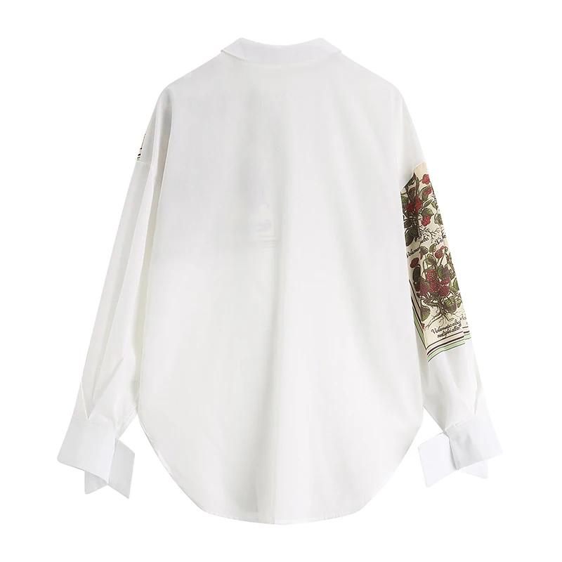  [EAM] 2020 New Autumn Winter Lapel Long Sleeve Print Pattern Single Breasted Irregular Shirt Women 
