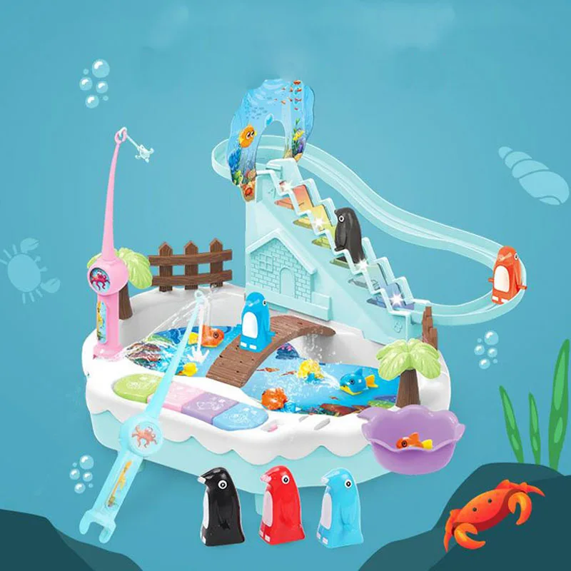 Детская электрическая рыболовная игрушка пингвин поднимающийся по лестнице Магнитный Fishin настольная лампа музыкальные детские игры на свежем воздухе комплект для ребенка DSH002
