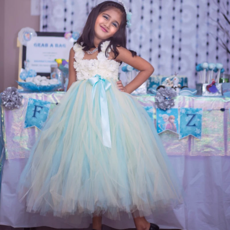 

Aqua and Champagne Flower Girl Dress with Ivory Flower Princess Girl Tutu Flower Dress for Birthday Special Occasion Girl Dress