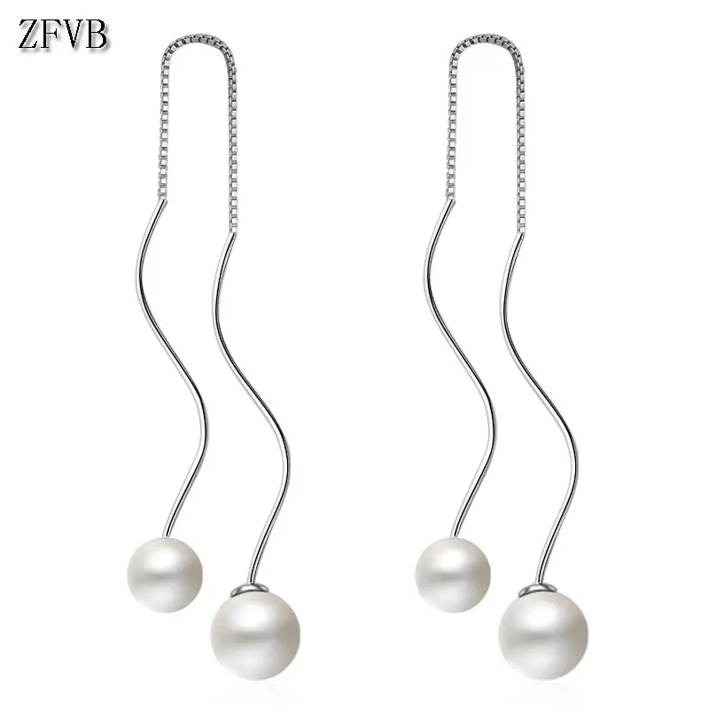 

ZFVB 925 Sterling Silver Tassel Simulated pearl Earrings for Women Wedding Long Drop Dangle S Earring Jewelry