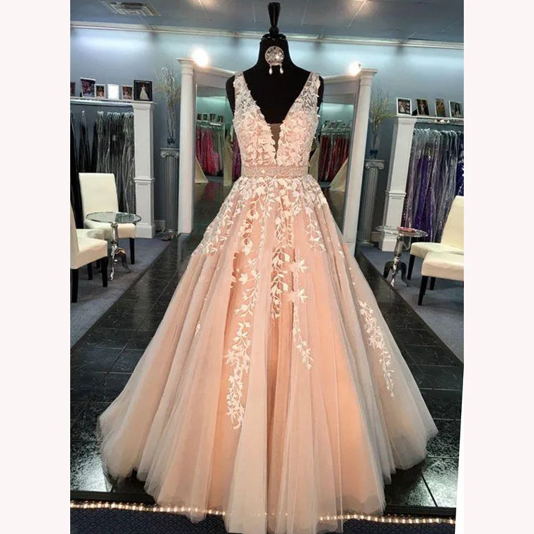 Blush-Pink-Flower-Lace-Long-Evening-Dresses-Abendkleid-Shiny-Rhinestone-Sash-A-line-Modest-Tulle