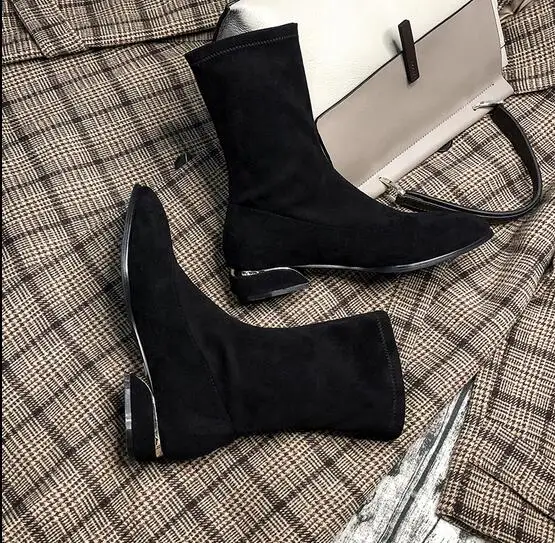 

Stretch stitching scrub boots women 2018 new autumn winter square toe Martin boots flat thin ankle socks boots