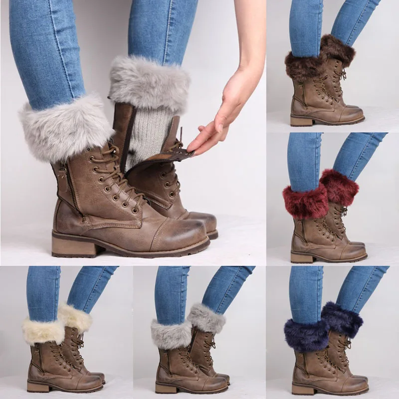 KLV, женские зимние теплые вязаные гетры с меховой отделкой и манжетами, носки для обуви, новинка