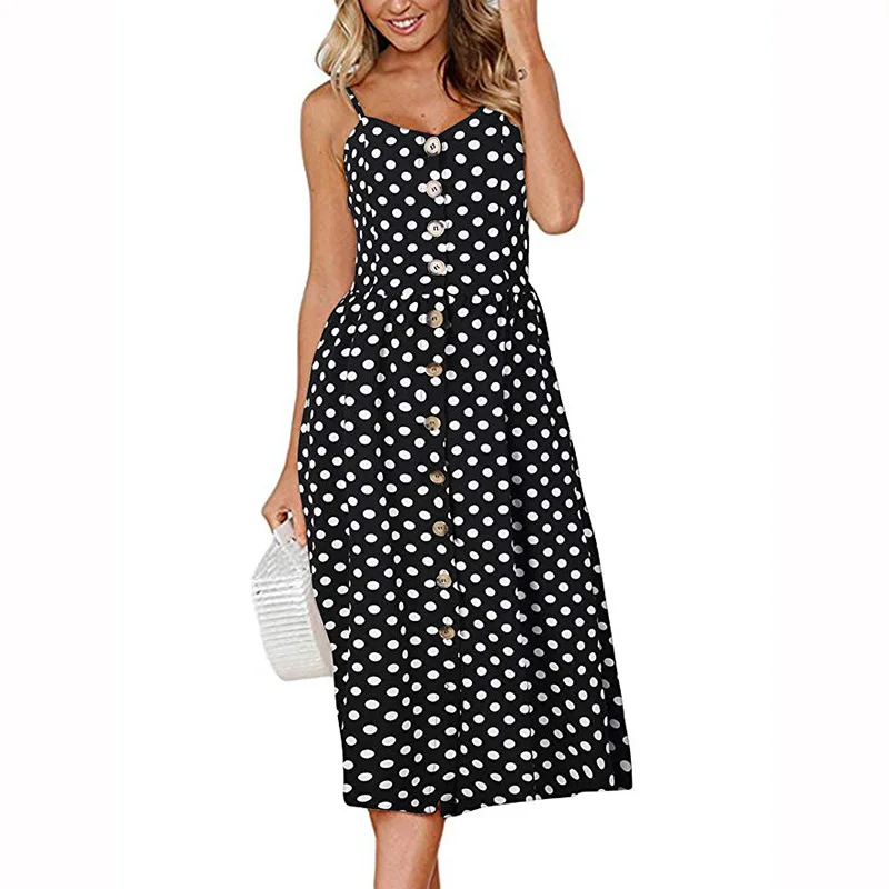 Sexy 2018 Women Summer Sleeveless Button Down Swing Midi Dress with Pockets Beach Summer Dress
