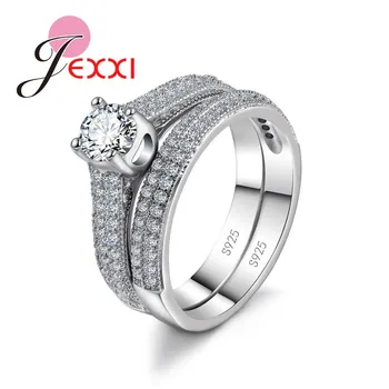 

Lovely Couple Rings 925 Sterling Silver Jewlery For Women Wedding Finger Ring Sets Paved Rhinestones Luxury Accessory