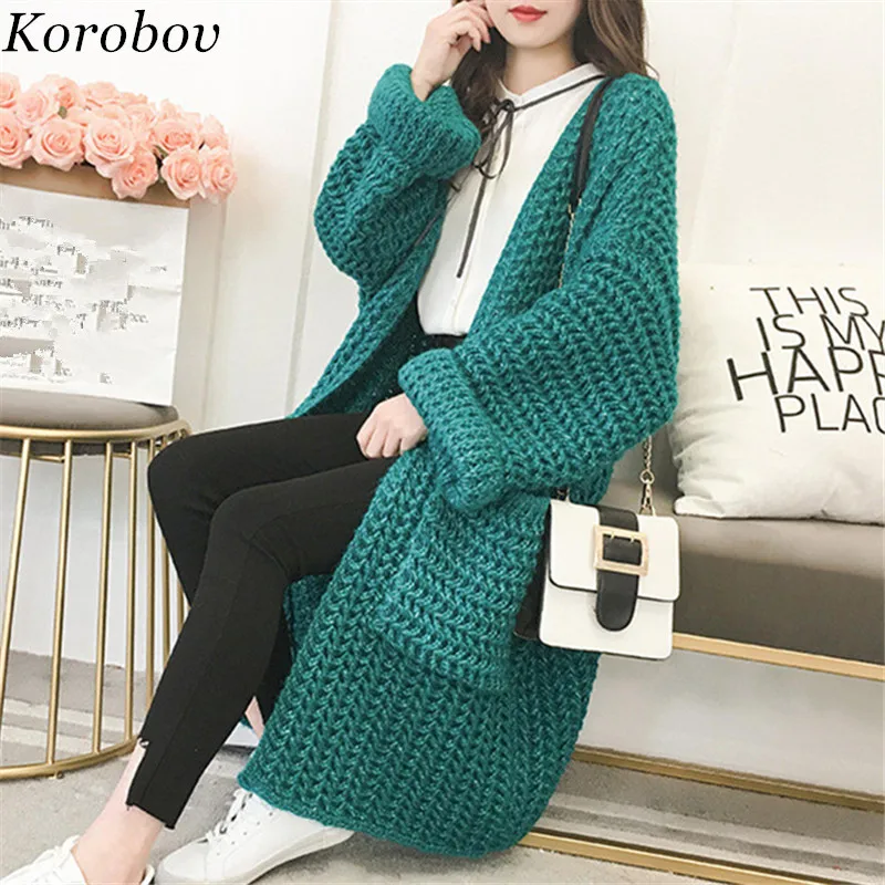 

Korobov Korean V-Neck New Arrival Cardigans Auttum Long Sleeve Women Cardigan Thick Solid Pocket Female Sweater Female Top 76105