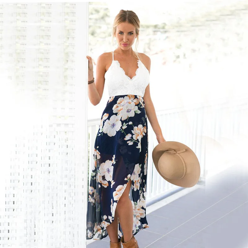 

Summer Boho Dress Women Sexy V Neck Lace Dresses Flower Print Patchwork Dresses Women Clothes