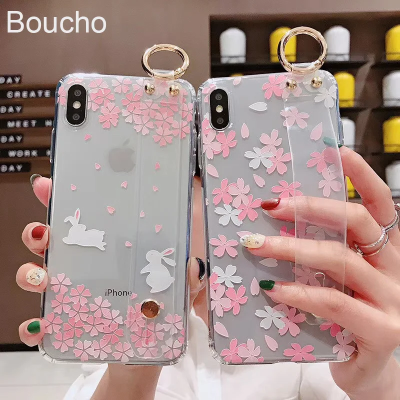

Boucho Transparent Wrist Strap Phone Case For iphone XR X Xs max Case For iphone 6 6s 7 8 plus Fashion Flower Pattern Case Cover