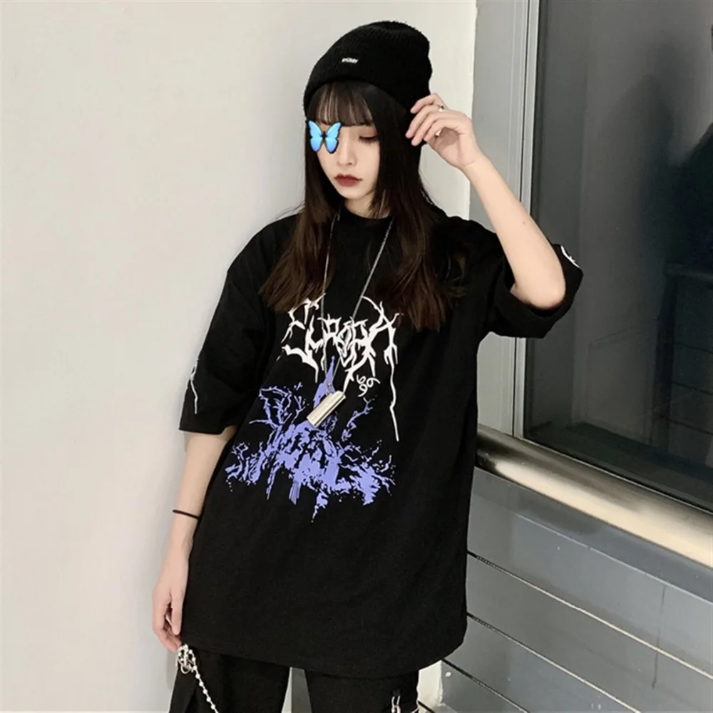 Женская футболка с коротким рукавом Harajuku черная или серая Повседневная принтом в