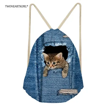 

TWOHEARTSGIRL Denim Cat Print Drawstring Bag Women 3D Travel Softback Lady Small Backpack Cute School Kids Girls Daypack Mochila