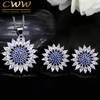

CWWZircons Lovely Summer Flower Blue CZ Crystal Fashion Earring and Necklace Pendant Jewelry Set for Women T257