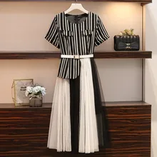 XL-5XL плюс Размер корейский стиль женское летнее платье с круглым вырезом Красивая полоса лоскутное Сетчатое платье женские вечерние платья N041