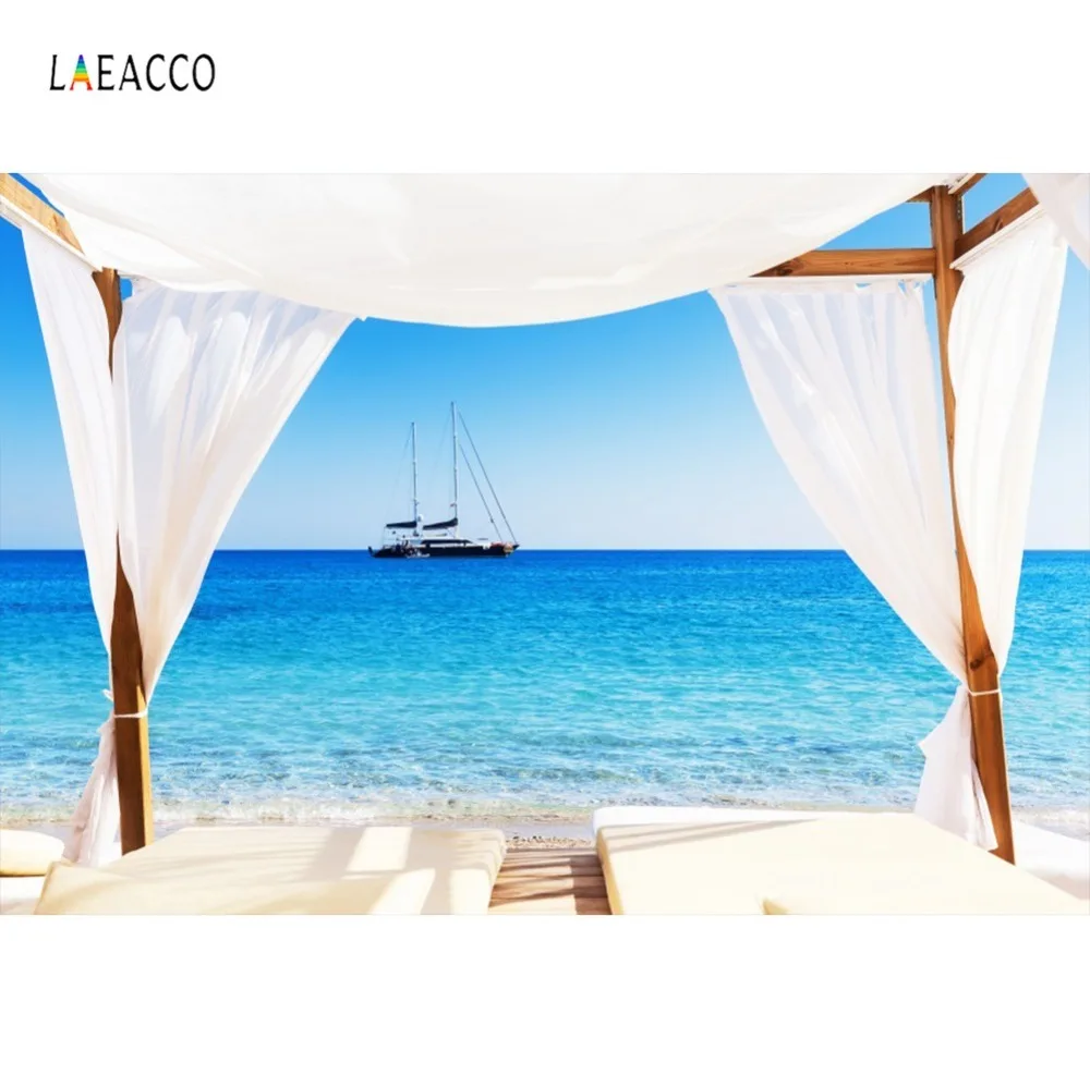 

Laeacco Tropical Holiday View House Curtain Ship Sea Summer Scenic Photo Backdrops Photography Backgrounds For Photo Studio