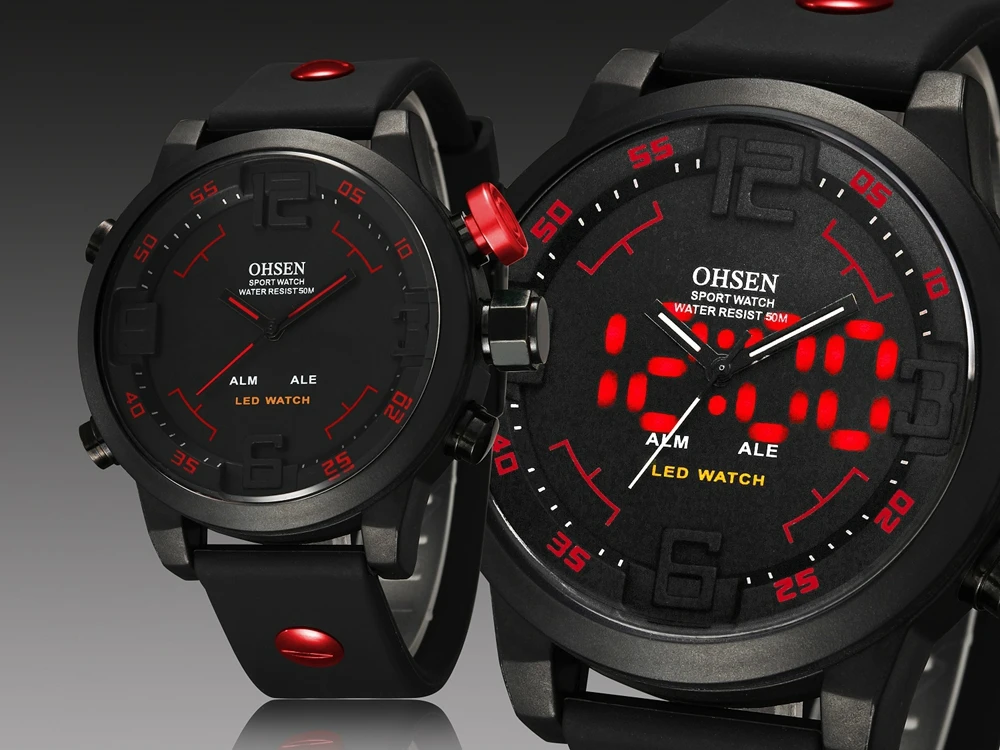 Skup OHSEN zegar mężczyźni LED cyfrowy data dzień podwójne ruchy alarmu silikonowy Sport zegarek kwarcowy zegarek na rękę Relogio Esportivo