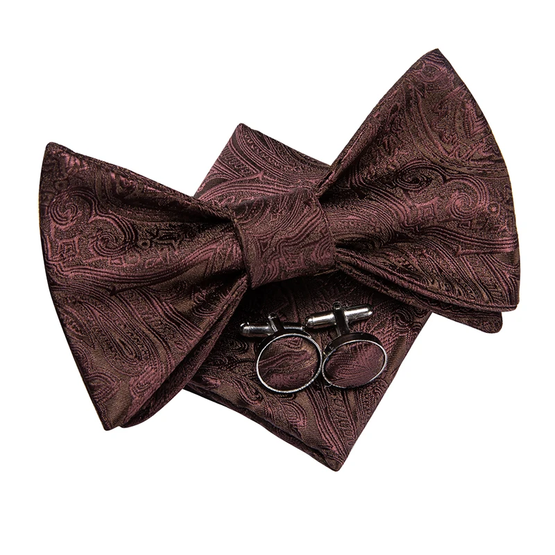 LH-2036, Hi-Tie, классические шелковые бабочки, галстуки-бабочки для мужчин, Пейсли, коричневый галстук-бабочка, носовой платок, Hanky, запонки, костюм, набор