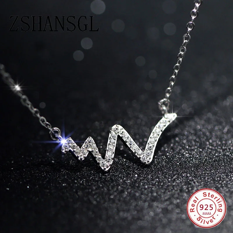 

925 Sterling Silver Choker Lightning Crystal Around Wave Heart Chic ECG Heartbeat Pendant Chain Necklace for Women Statement
