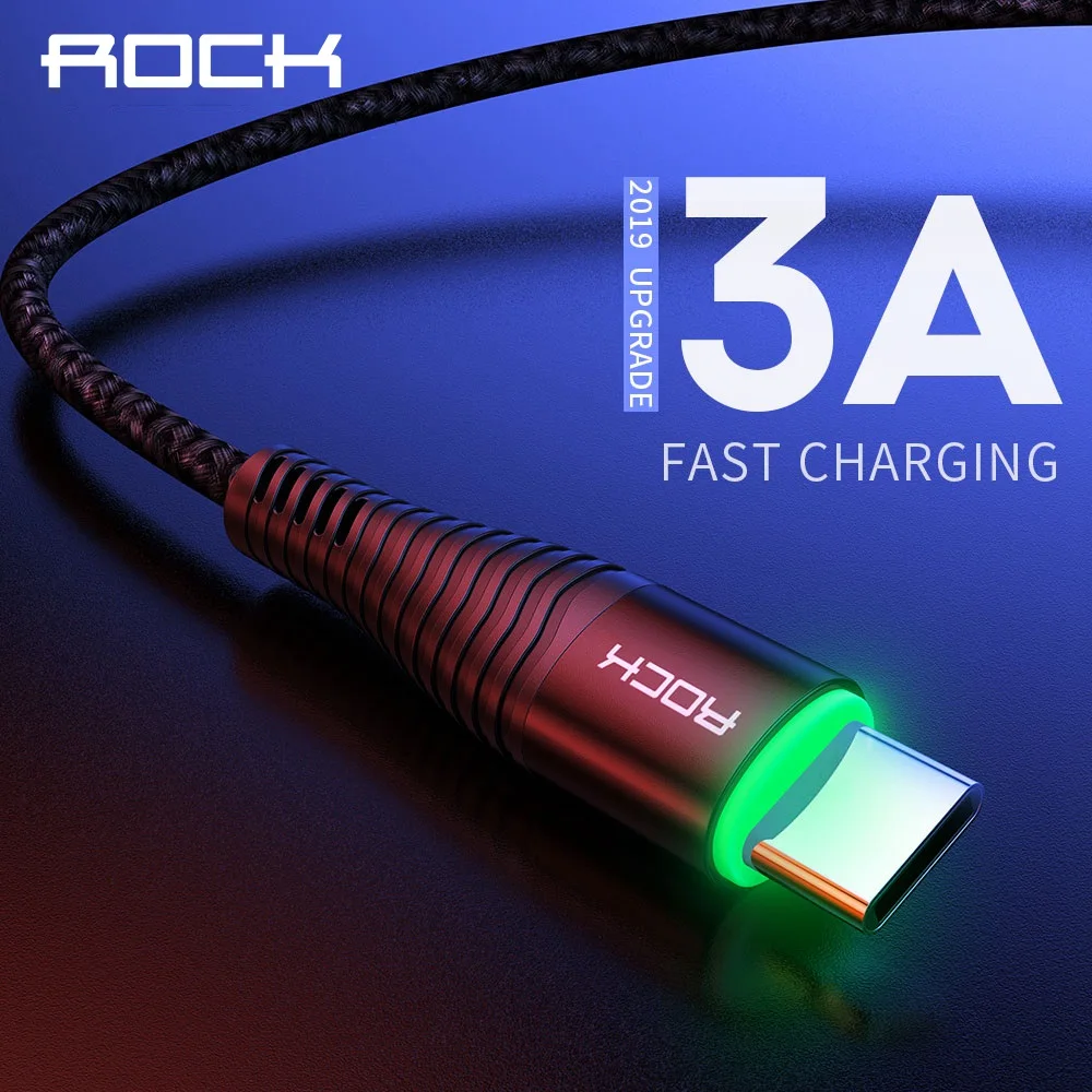 

ROCK 3A LED Light USB Type C Cable USBC Fast Charging USB 3.0 Quick Charger Type-c cord Lighting Cable For Samsung S10 S9 Xiaomi