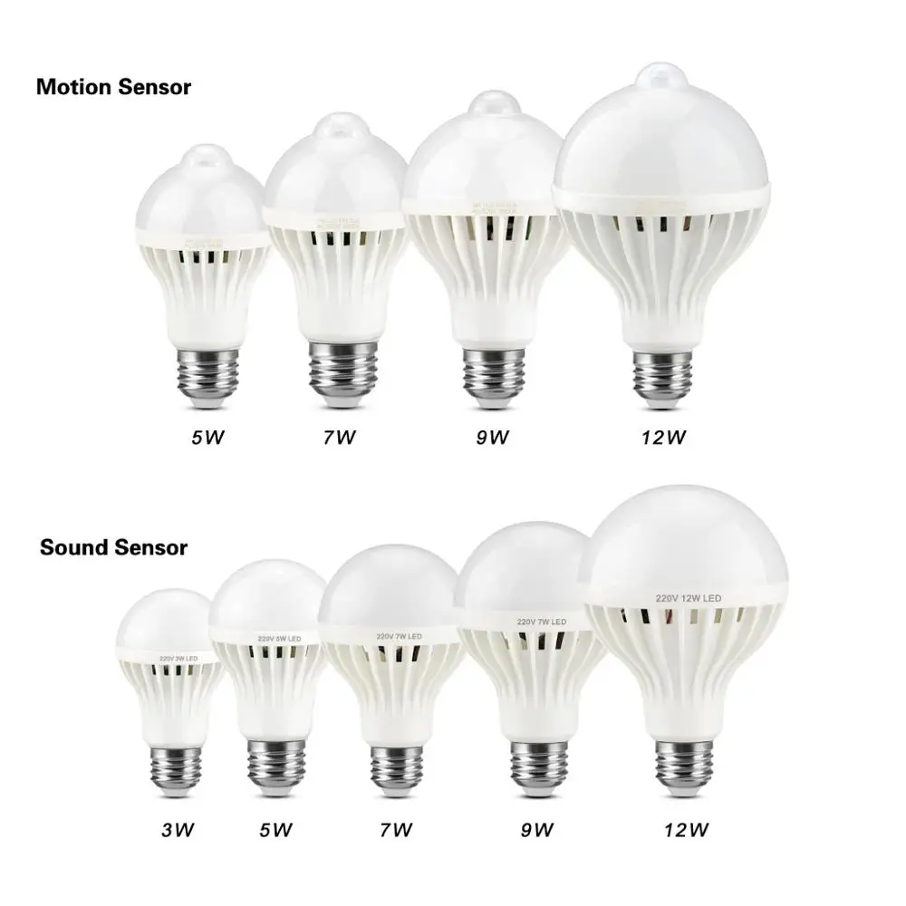 Умный звуковой датчик/датчик движения PIR Светодиодный светильник 220 в E27 3 Вт 5 Вт 7 Вт 9 Вт 12 Вт светодиодный ночник переключатель автоматическое управление домашнее освещение