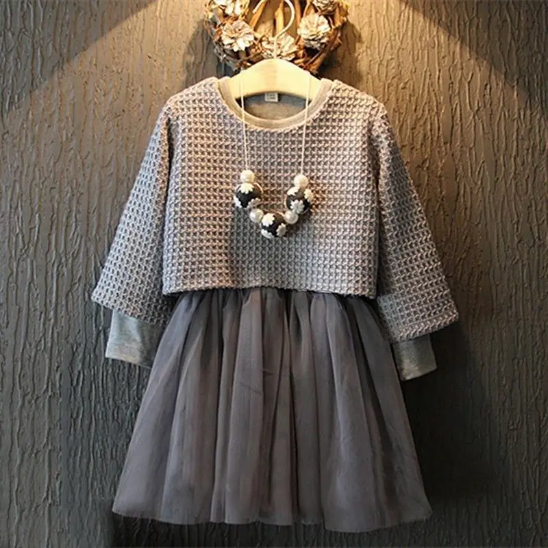 

Spring Autumn Children Girls Kids Gray Sweater Top With Tulle Dresses Outfit Suit Set 2Pcs Size 2T-6