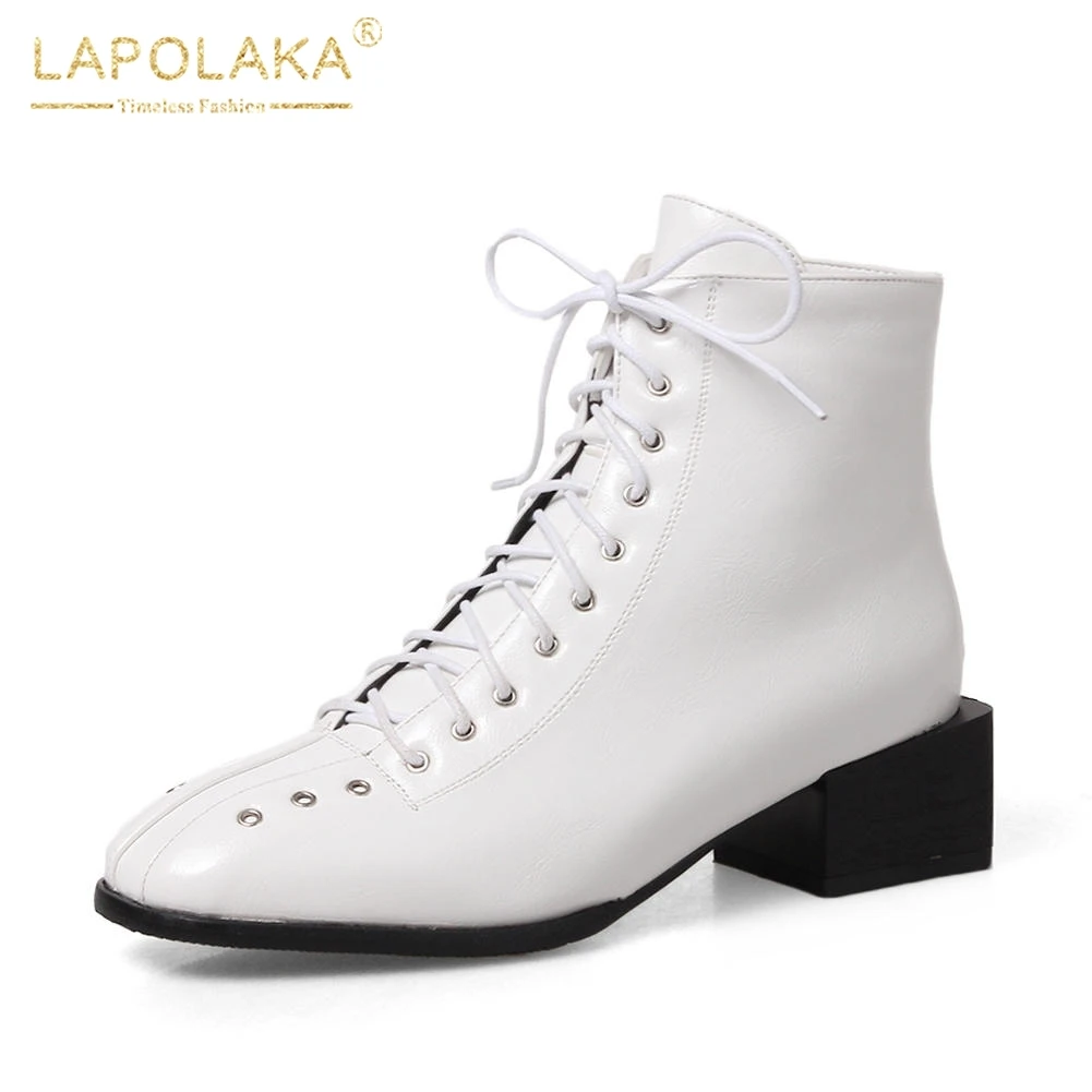 

LAPOLAKA 2018 Large Size 34-43 Lace Up Square heel Black White Boots Woman Shoes Fashion Hot Sale Ankle Boots Female Shoes Woman