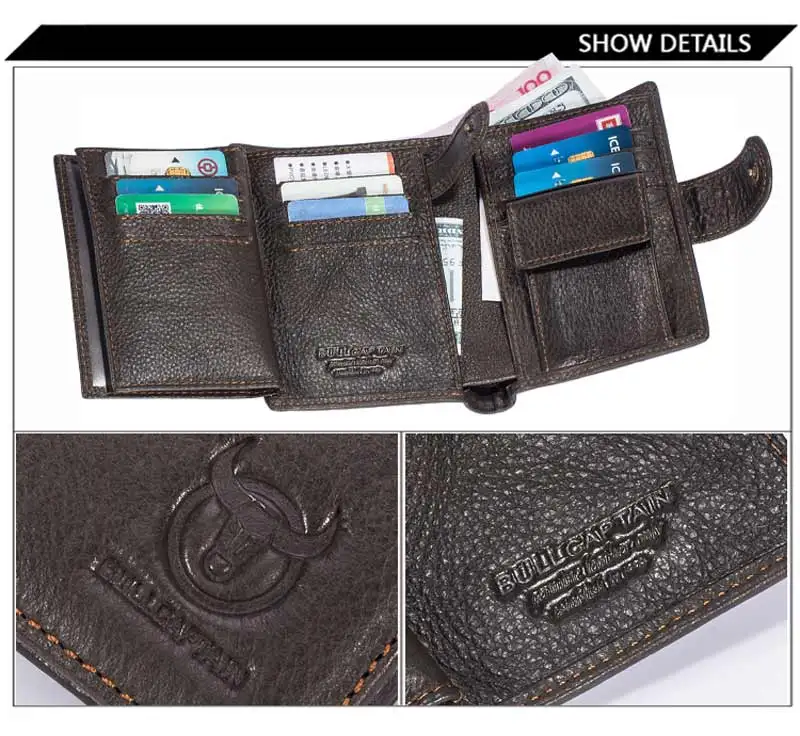 BULLCAPTAIN мужской кожаный бумажник с RFID, короткий, три раза, с пряжкой, на молнии, кошелек, кошелек, сумка, зажим, карман для монет